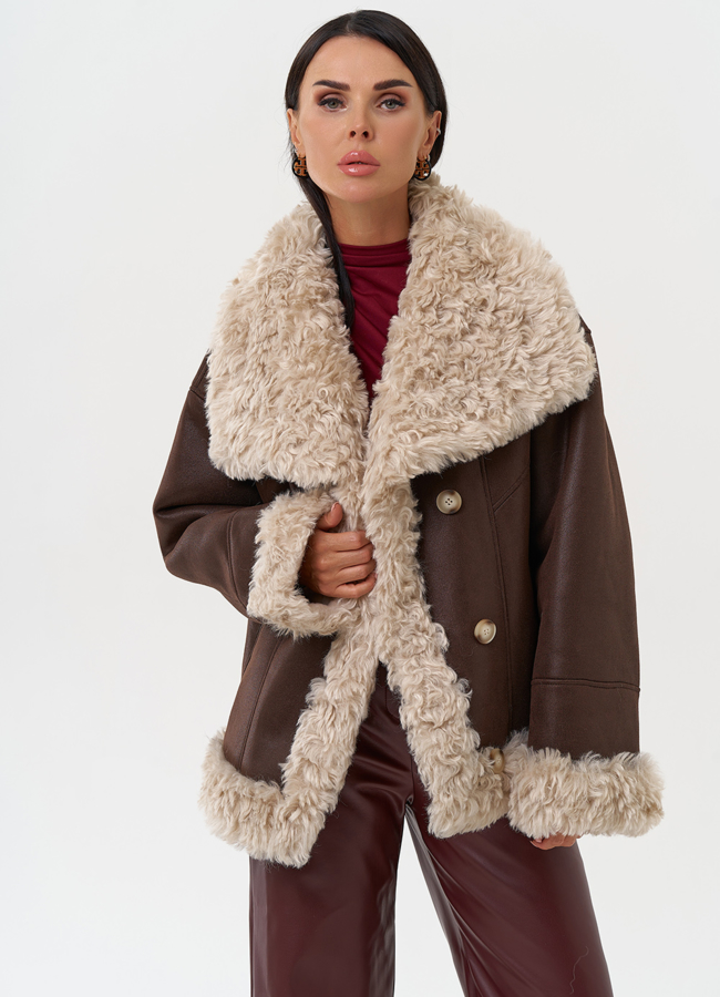 Дубленка из эко замши с высоким воротником модель № 31281 универмаг малина