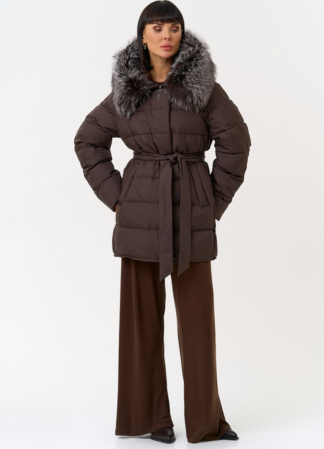 Женский пуховик с капюшоном из меха чернобурки модель № 31516 универмаг малина