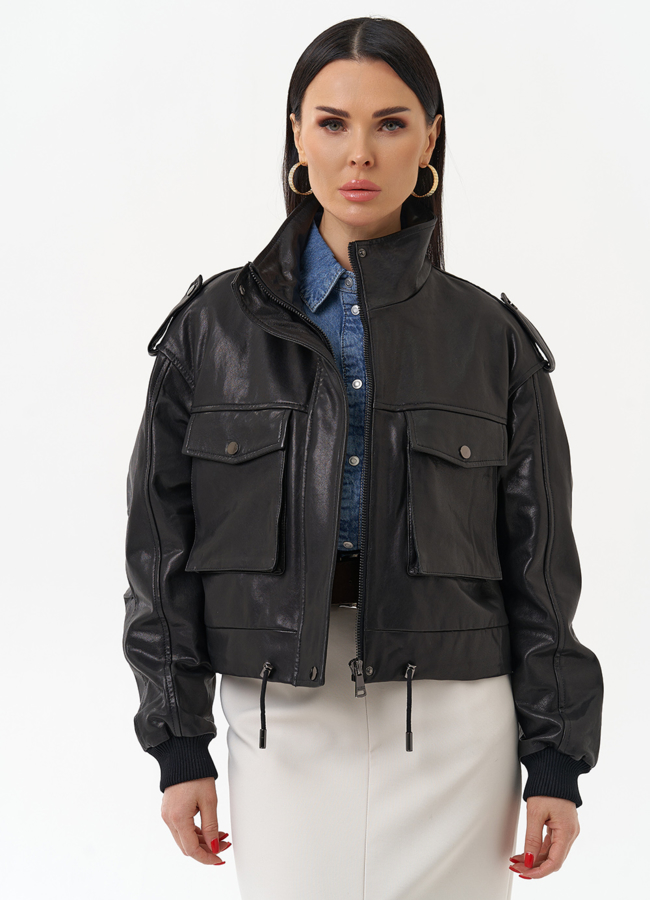 Женская куртка бомбер из натуральной кожи модель № 30096 меха малина