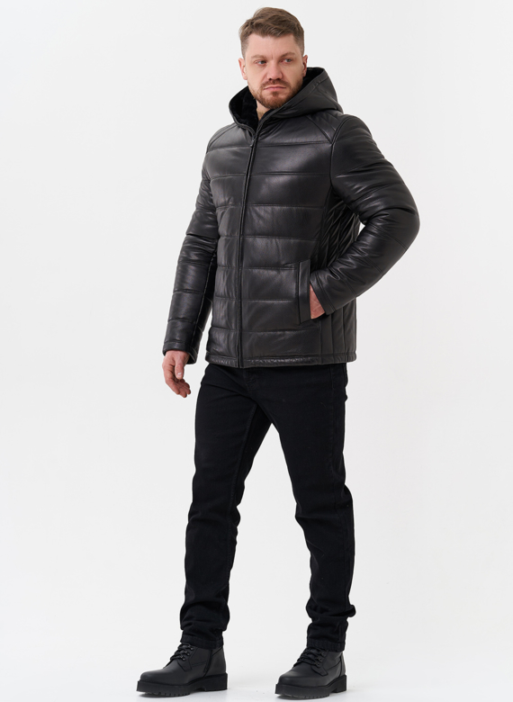 Пуховик из натуральной кожи с отделкой из мутона