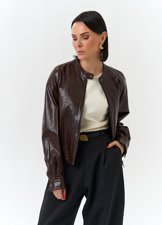 Женская короткая куртка из натуральной кожи модель № 32529 меха малина