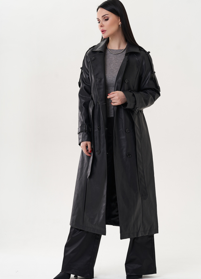 Тренч черного цвета из эко кожи модель № 26794 универмаг малина