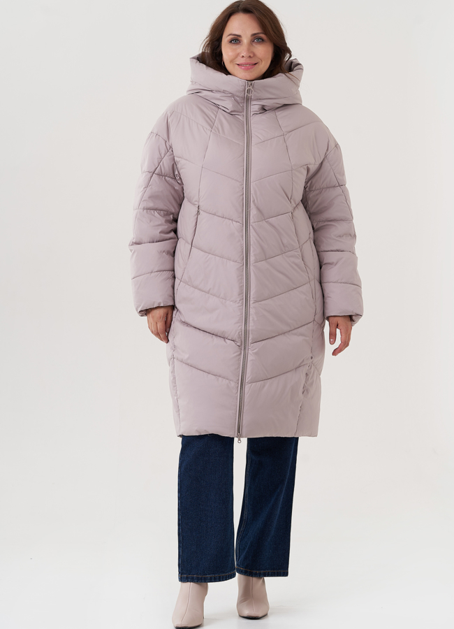 фото Женский пуховик с капюшоном бежевого цвета  модель № 25715