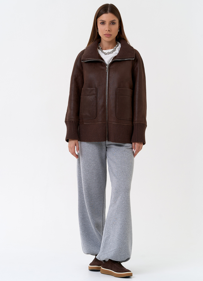 Женский двухсторонний бомбер из эко замши в коричневом цвете модель № 31436 универмаг малина